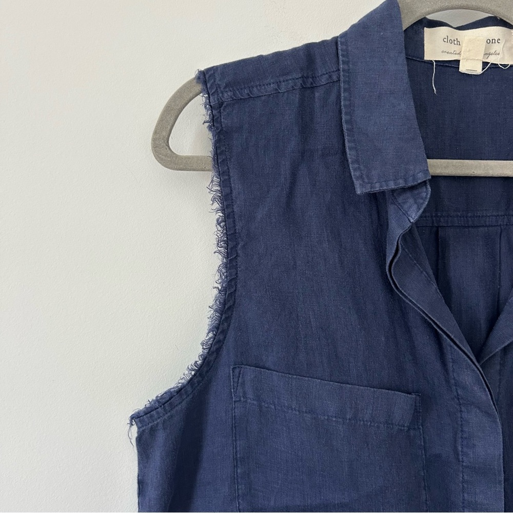Cloth & Stone Navy Blue Linen Sleeveless Fringe Button Down Tie Waist Blouse M - Picture 5 of 10